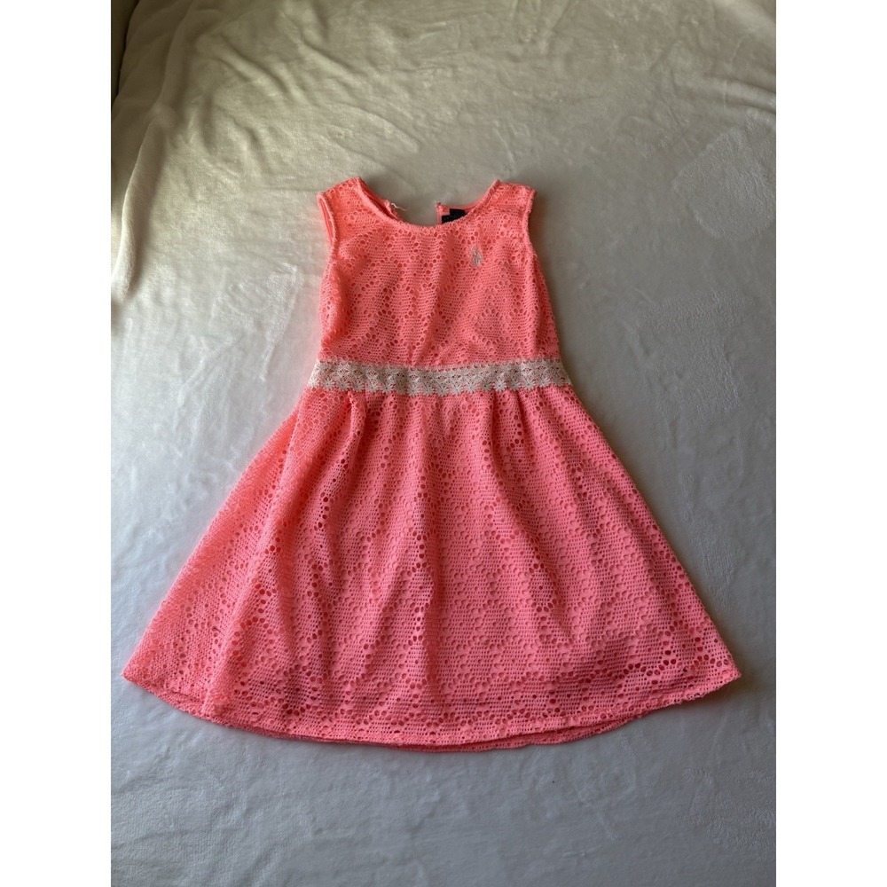 U.S. Polo Assn. Girls Coral Hot Pink Lace Dress Sleeveless Knee Length 8/10